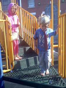 Playing with bare feet in the playground is a great thing for the development of health toes, feet, ankles and legs.